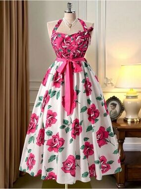 SHEIN White Midi Halter Dress with Pink Rose Print
